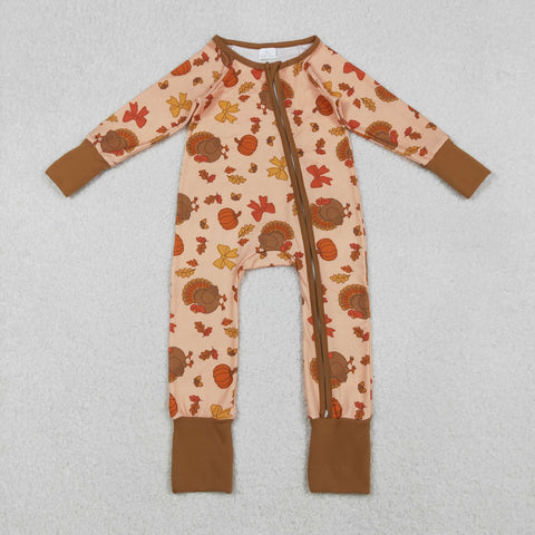 LR2689 Thanksgiving Turkey Pumpkin Bows Baby Sleepers Romper