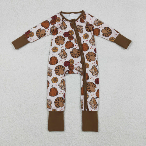 LR2690 Thanksgiving Turkey Pumpkin Pie Baby Footie Sleepers Romper
