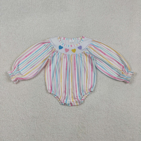LR2695 Embroidery Valentine's Day Love Colorful Stripe Baby Girls Romper