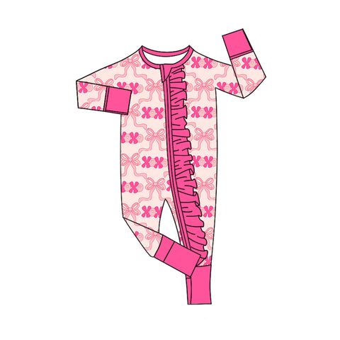 Preorder 10.09 MOQ 5 pcs LR2699 Valentine's Day XOXO Bows Pink Baby Sleepers Romper