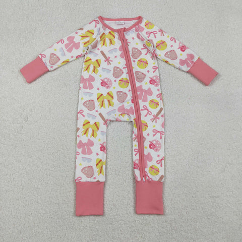 LR2705 Easter Softball Bows Pink Baby Sleepers Romper