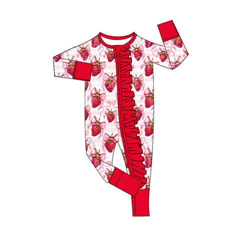 Preorder 10.14 MOQ 5 pcs LR2723 Strawberry Bows Red Baby Sleepers Romper