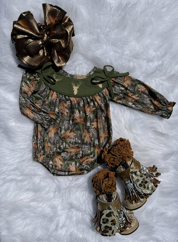 Preorder 10.14 MOQ 5 pcs LR2728 Hunting Elk Army Green Baby Girls Romper