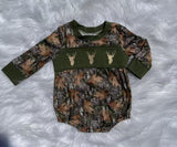 Preorder Samples LR2729 Embroidery Hunting Elk Army Green Baby Boys Romper