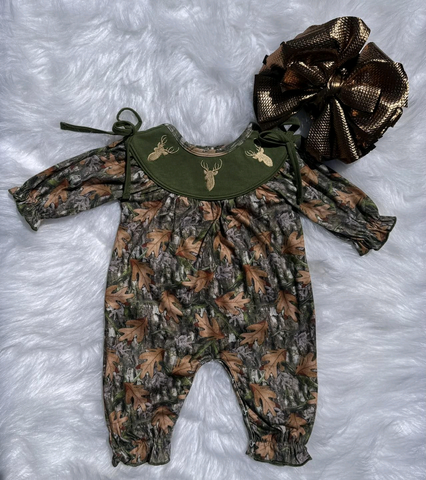 Preorder 10.14 MOQ 5 pcs LR2730 Hunting Elk Army Green Baby Girls Romper