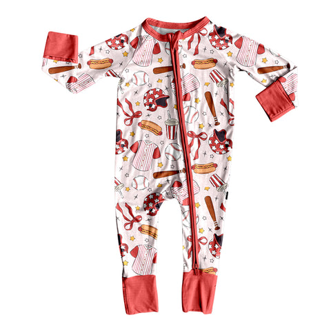 Preorder 10.15 MOQ 5 pcs LR2731 Game Day Baseball Bows Baby Sleepers Romper