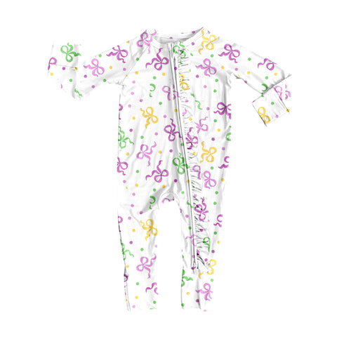 Preorder 10.15 MOQ 5 pcs LR2735 Mardi Gras Bows Baby Sleepers Romper