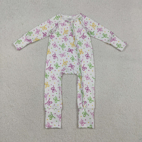 LR2735 Mardi Gras Bows Baby Sleepers Footie Romper