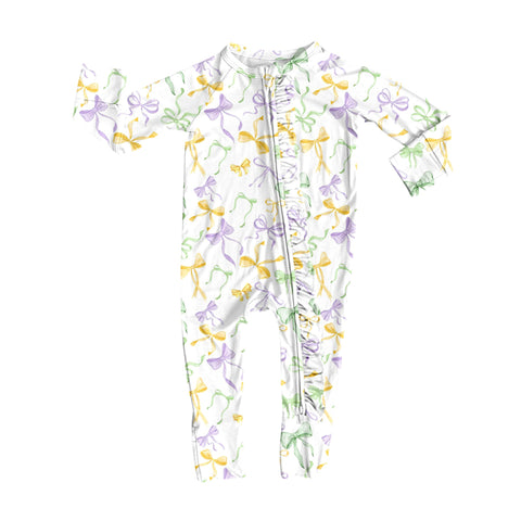 Preorder 10.15 MOQ 5 pcs LR2736 Mardi Gras Bows Baby Sleepers Romper