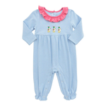 Preorder Samples LR2738 Embroidery Mallard Ducks Bows Stripe Pink Girls Romper