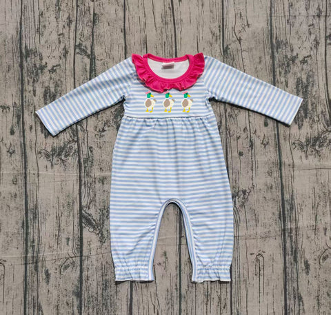 Preorder Samples LR2738 Embroidery Mallard Ducks Bows Stripe Pink Girls Romper