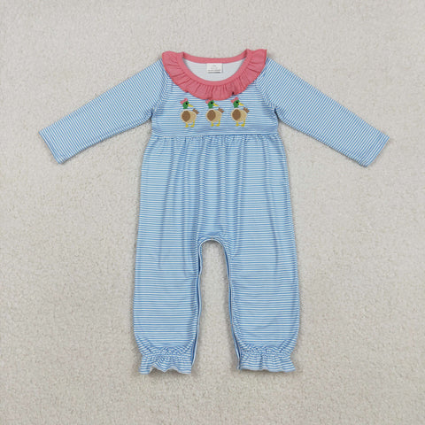 LR2738 Embroidery Mallard Ducks Bows Stripe Pink Girls Romper