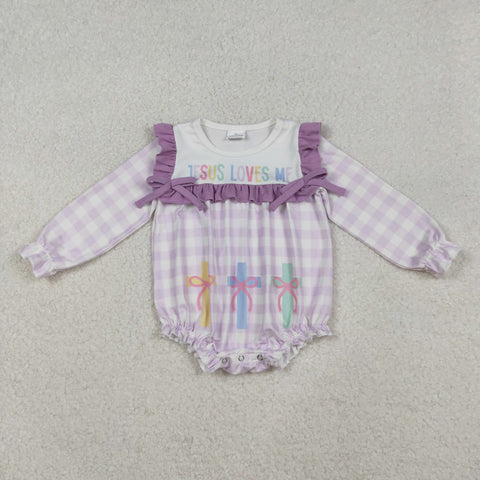 LR2740 Jesus Loves Me Plaid Girls Bubble Romper