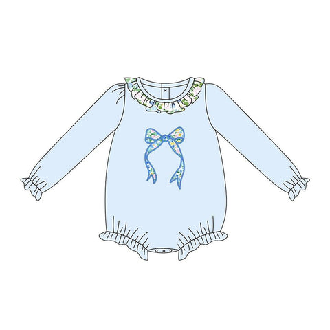 Preorder 10.17 MOQ 5 pcs LR2742 Bows Flower Sky Blue Girls Bubble Romper