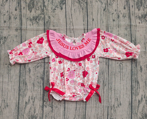 Preorder Samples LR2769 Smocked Jesus Loves Me Flower Red Baby Bubble Romper