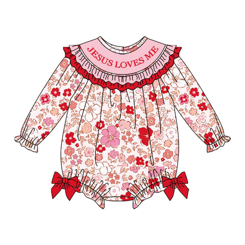 Preorder 10.29 MOQ 5 pcs LR2769 Jesus Loves Me Flower Red Baby Bubble Romper