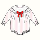 Preorder Samples LR2773 Embroidery Bows Stripe Pink Baby Bubble Romper