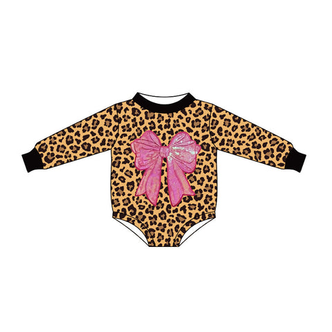 10.10 Pre-order LR2775 baby girls pink bow leopard long sleeves romper