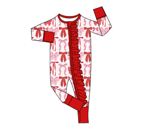 10.10 Pre-order LR2780 baby girls pink red bow zipper long sleeves romper