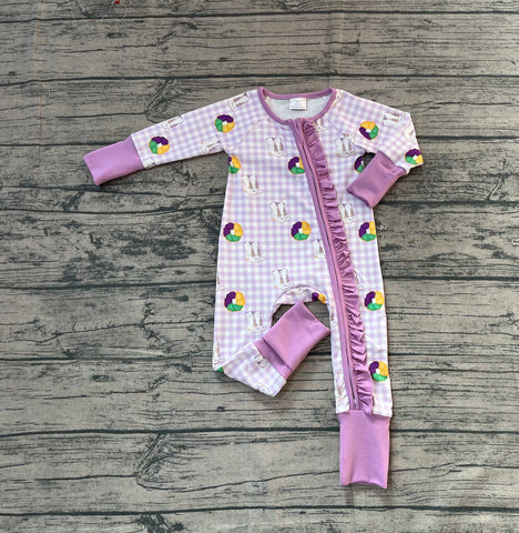 Preorder LR2783 Samples baby girls Maidi Gras checkered floral zipper long sleeves romper