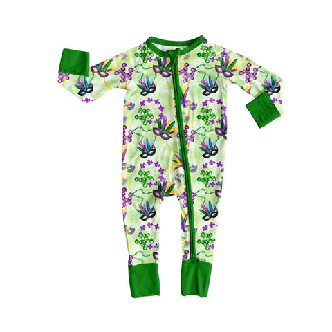 10.10 Pre-order LR2786 baby girls Maidi Gras mask zipper green long sleeves romper