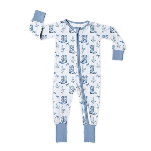 Preorder 11.04 MOQ 5 pcs LR2789 Western Boots Flower Bows Blue Baby Sleepers Romper