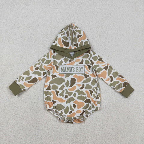 LR2798 Embroidery MAMA'S BOY Dog Camo Hoodie Baby Boys Romper