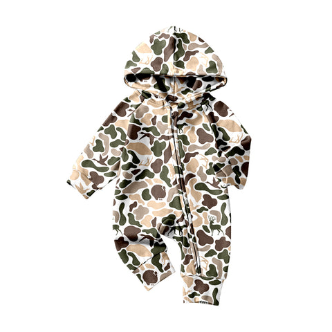 Preorder 11.20 MOQ 5 pcs LR2825 Hunting Mallard Ducks Camo Hoodie Zipper Baby Boys Romper
