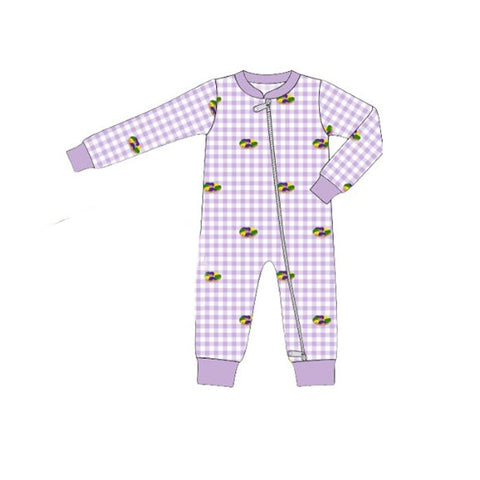 Preorder 12.01 MOQ 5 pcs LR2866 Mardi Gras Purple Plaid Baby Sleepers Romper