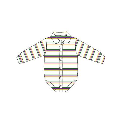 Preorder 12.04 MOQ 5 pcs LR2880 Mardi Gras Stripe Buttons Baby Boys Romper