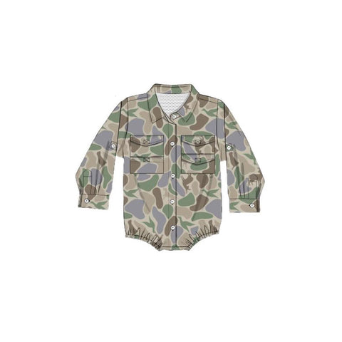 Preorder 12.07 MOQ 5 pcs LR2887 Hunting Camo Green Buttons Kids Boys Romper
