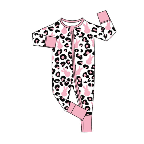 Preorder 12.11 MOQ 5 pcs LR2904 Easter Bunny Leopard Pink Baby Sleepers Romper