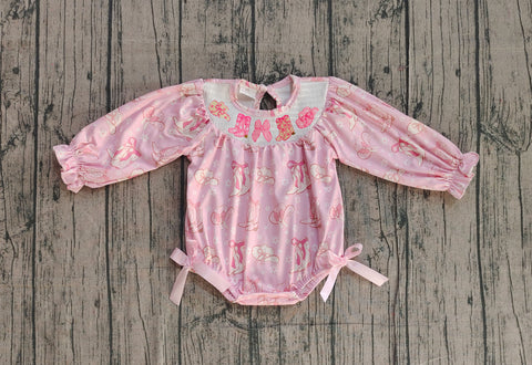 Preorder Samples LR2938 Smocked Western Boots Bows Pink Baby Girls Romper