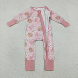 LR2967 Baseball Bows Pink Baby Sleepers Footie Romper