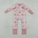 LR2967 Baseball Bows Pink Baby Sleepers Footie Romper