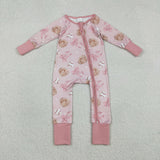LR2967 Baseball Bows Pink Baby Sleepers Footie Romper