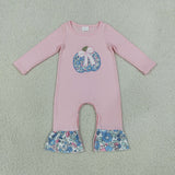 LR3021 Embroidery Pumpkin Bows Flower Purple Baby Girls Romper