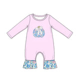 Preorder Samples LR3021 Embroidery Pumpkin Bows Flower Purple Baby Girls Romper
