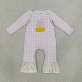 LR3022 Embroidery Candy Corn Bows Pink Plaid Dots Baby Girls Romper