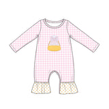 Preorder Samples LR3022 Embroidery Candy Corn Bows Pink Plaid Dots Baby Girls Romper