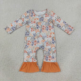LR3027 Fall Flower Floral Orange Baby Girls Romper