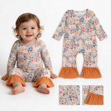 LR3027 Fall Flower Floral Orange Baby Girls Romper