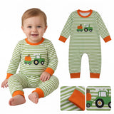 LR3036 Embroidery Pumpkin Truck Stripe Orange Baby Boys Romper