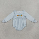 LR3104 Thanksgiving Day Embroidery Turkey Pumpkin Pie Baby Bubble Romper
