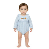 LR3104 Thanksgiving Day Embroidery Turkey Pumpkin Pie Baby Bubble Romper