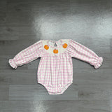Preorder Samples LR3106 Smocked Fall Pumpkin Bows Plaid Purple Baby Bubble Romper
