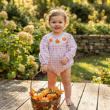 LR3106 Smocked Fall Pumpkin Bows Plaid Pink Purple Baby Bubble Romper