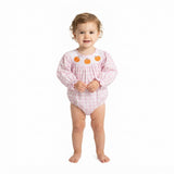 LR3106 Smocked Fall Pumpkin Bows Plaid Pink Purple Baby Bubble Romper