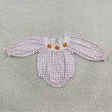 LR3106 Smocked Fall Pumpkin Bows Plaid Pink Purple Baby Bubble Romper