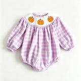 Preorder Samples LR3106 Smocked Fall Pumpkin Bows Plaid Purple Baby Bubble Romper